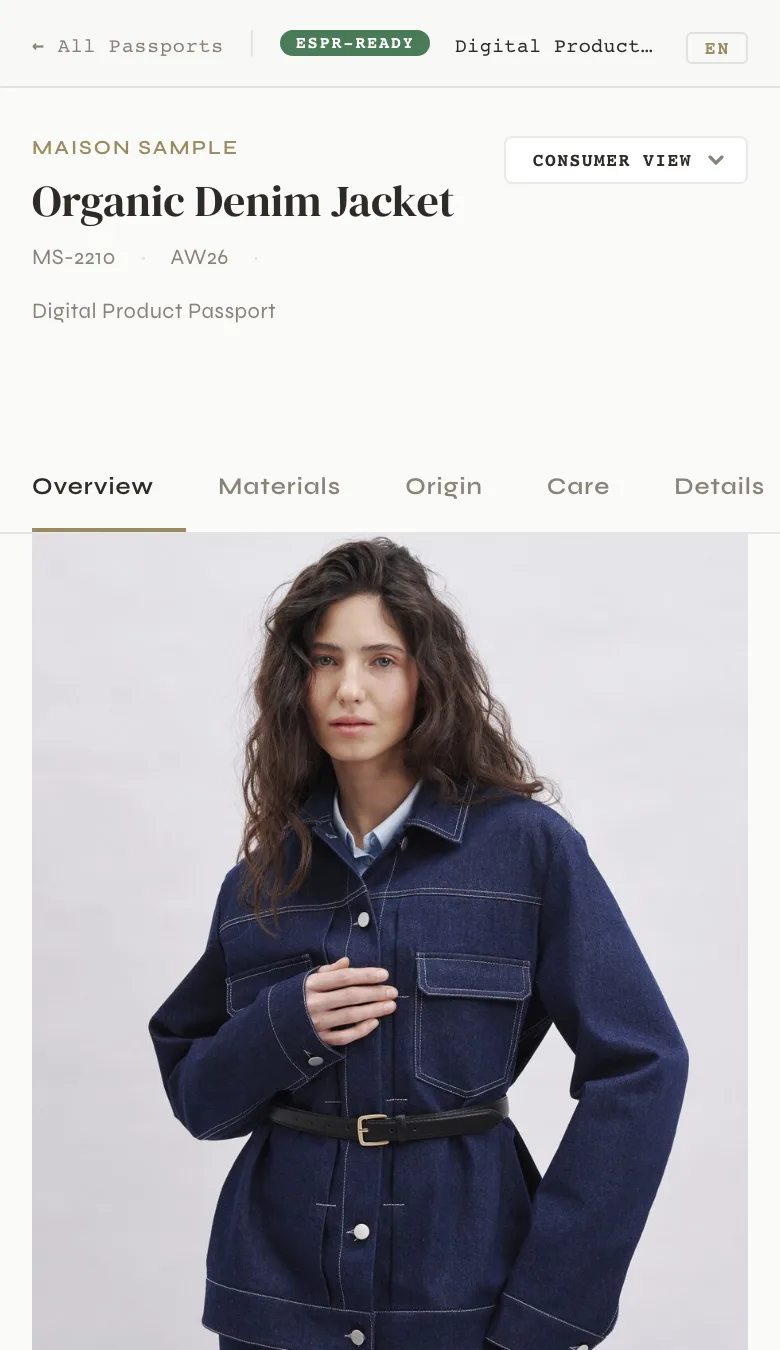 Pasaporte Digital de Producto en vivo — Organic Denim Jacket. Toque para abrir.