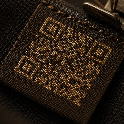 Primer plano de una etiqueta QR tejida en hilo dorado sobre tela oscura